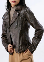 Distressed leather biker jacket