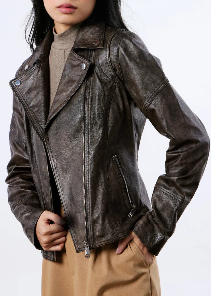Distressed leather biker jacket