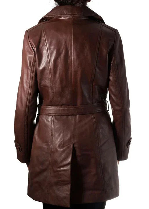 Brown leather trench coat