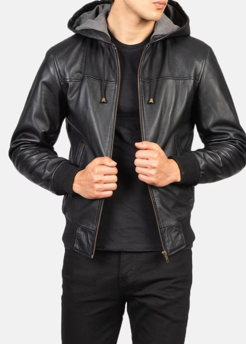 Black hooded leather jacket