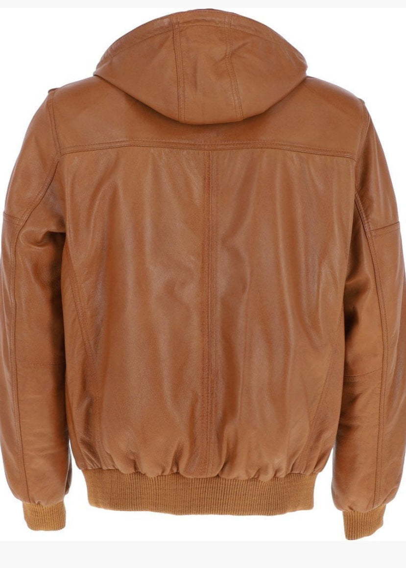 Leather Hooded Jacket Tan