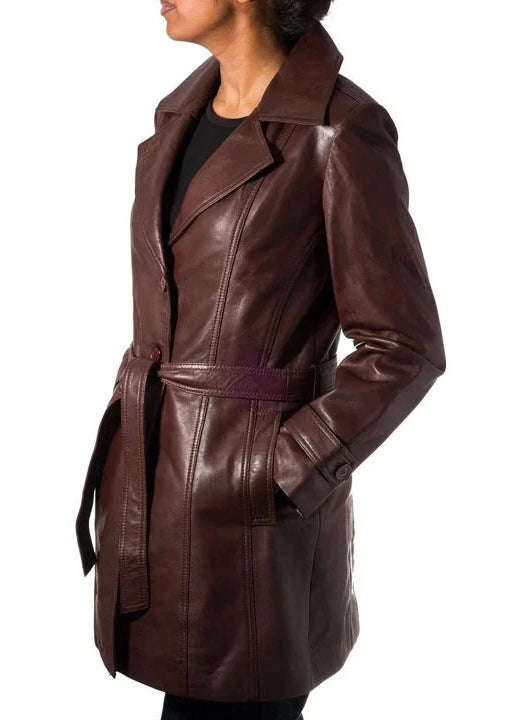 Brown leather trench coat