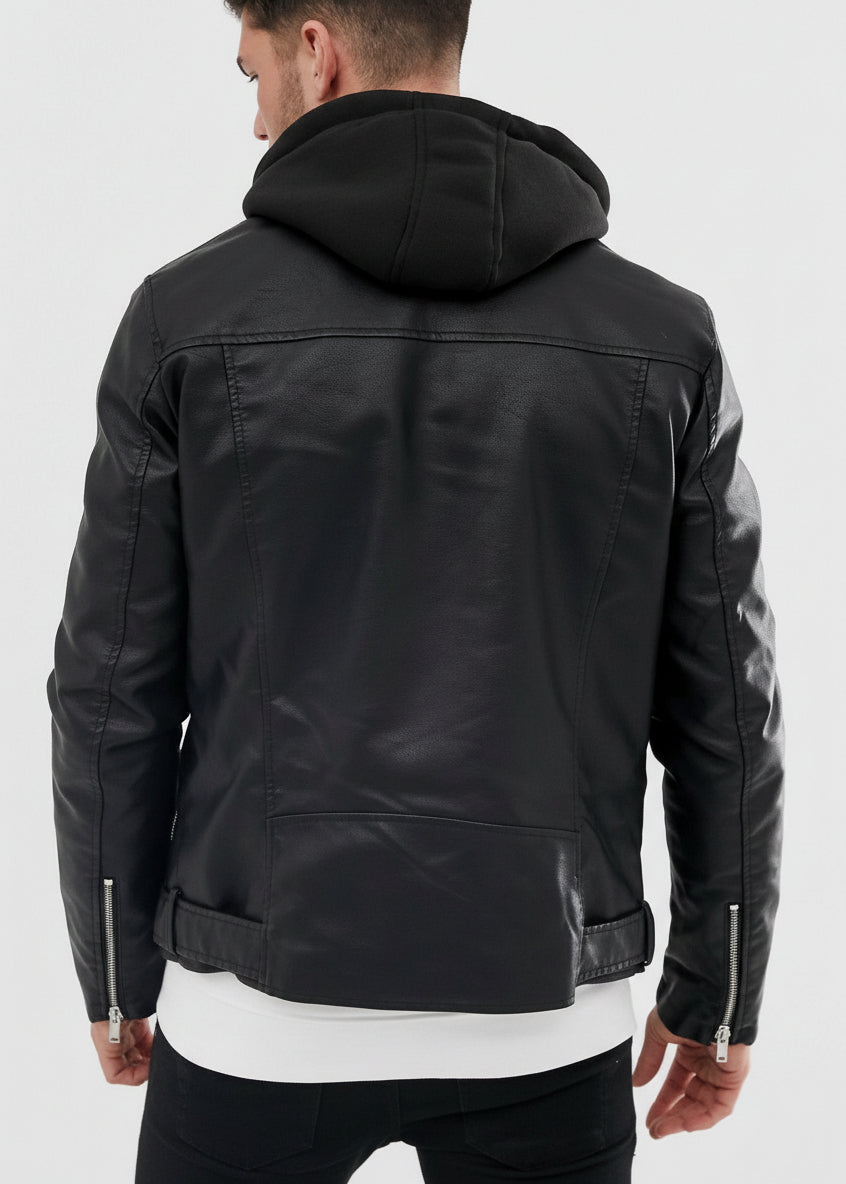 Black Leather Biker Jacket with Hoodie