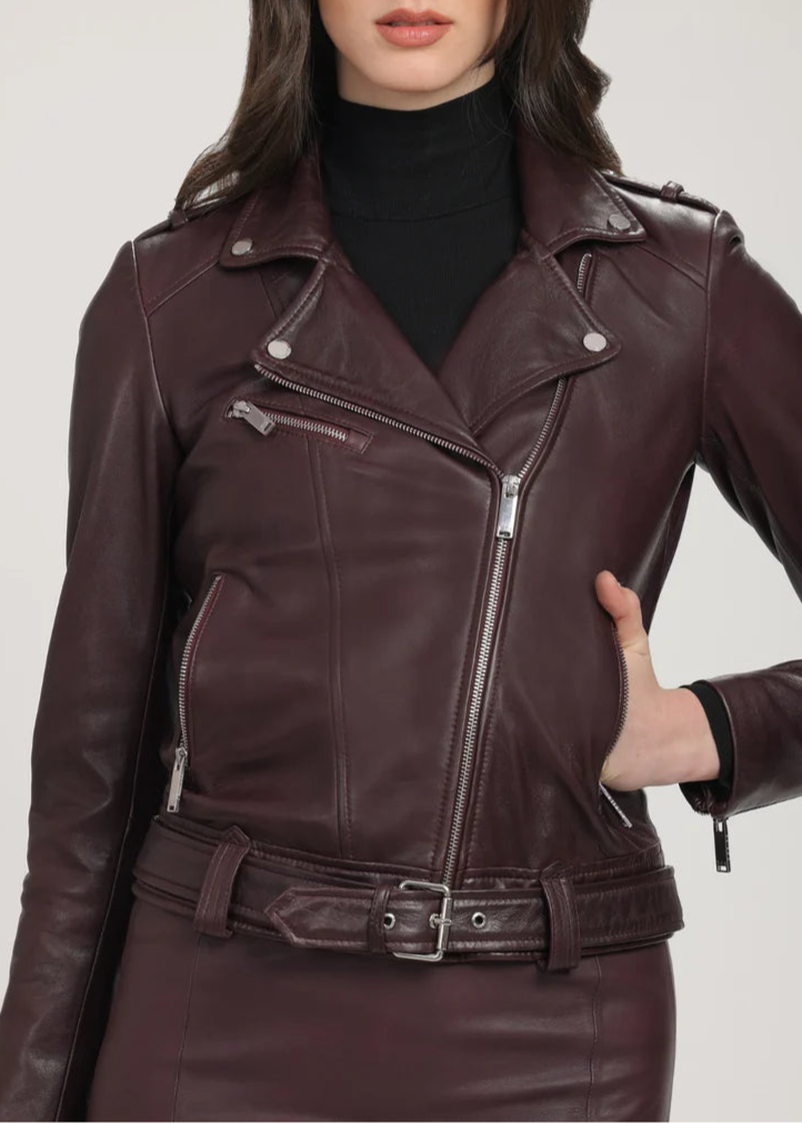 Maroon leather moto jacket