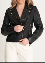 Womens Gold Trim Leather Biker Jacket