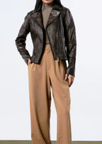 Distressed leather biker jacket