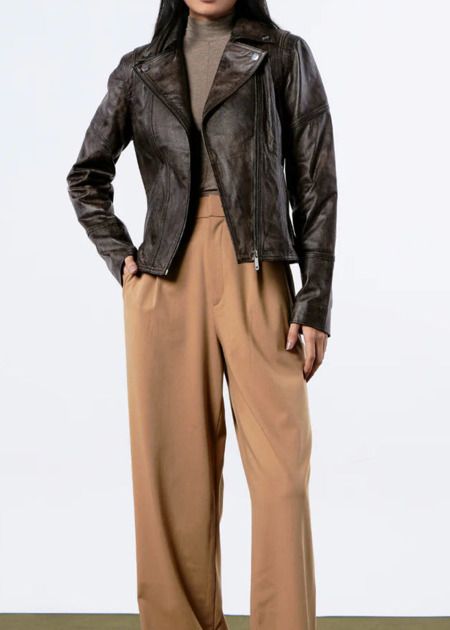 Distressed leather biker jacket