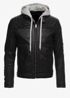Cafe Racer Leather Jacket with Removable Hood