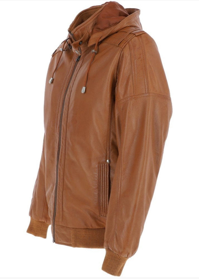 Leather Hooded Jacket Tan