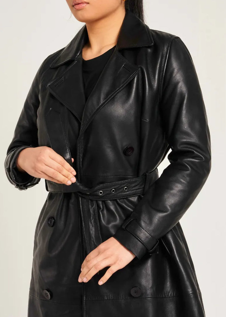 Black glossy leather trench coat