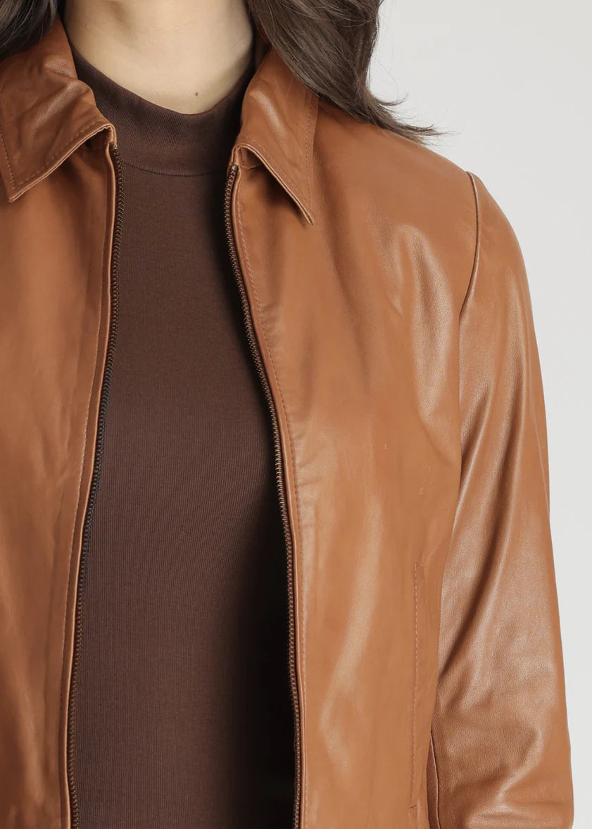 Cropped brown leather jacket