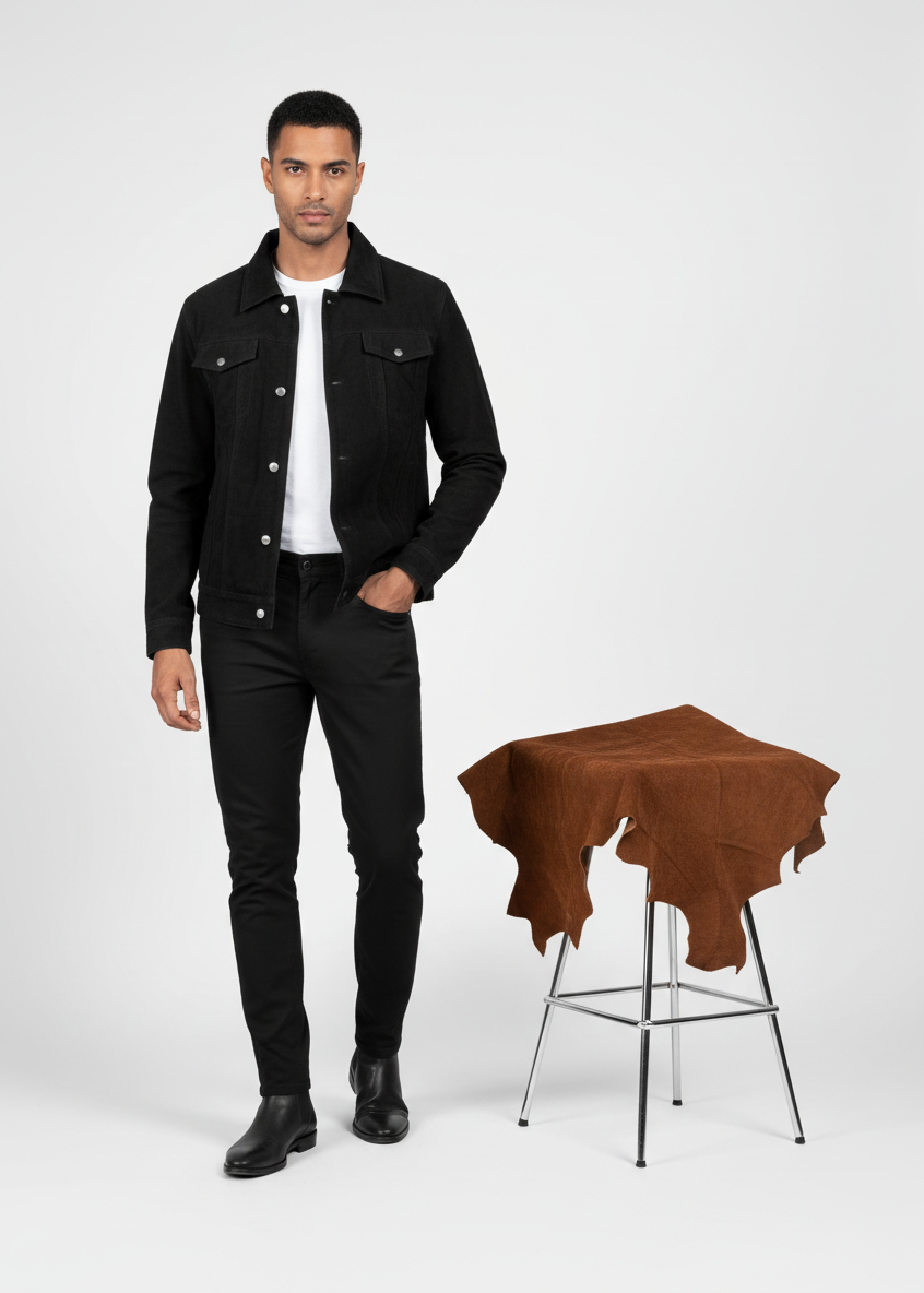 Black Suede Trucker Jacket With Buttons