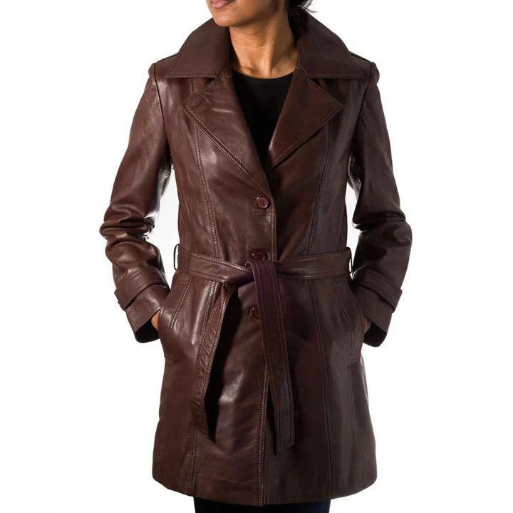 Brown leather trench coat