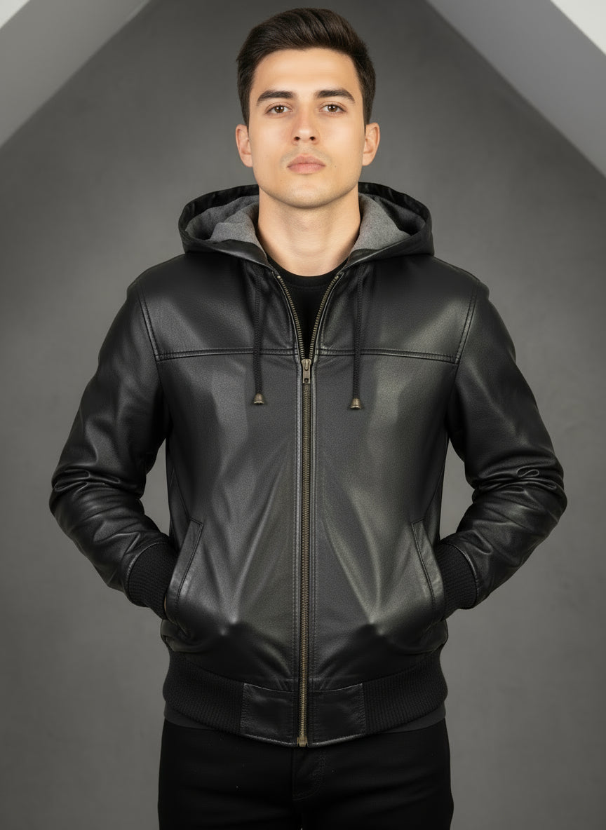 Black Hooded Leather Jacket

