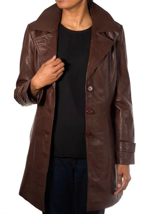 Brown leather trench coat
