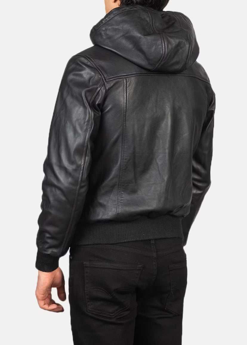 Black hooded leather jacket