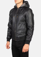 Black hooded leather jacket