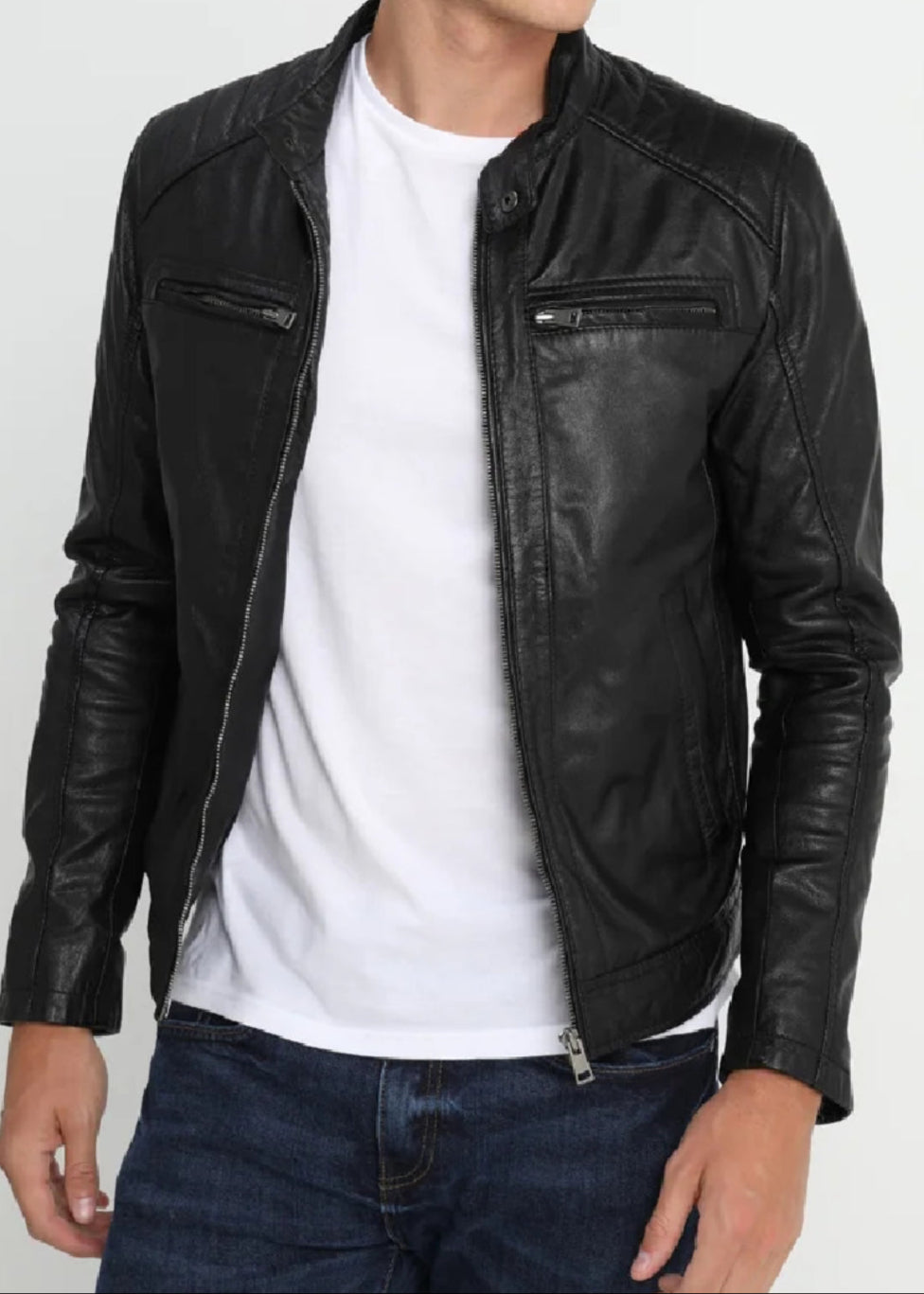 Cafe Racer Leather Jacket with Removable Hood