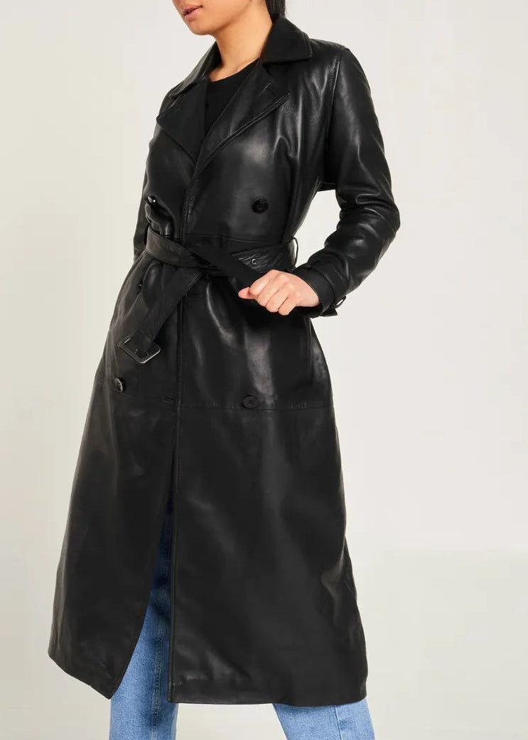 Black glossy leather trench coat