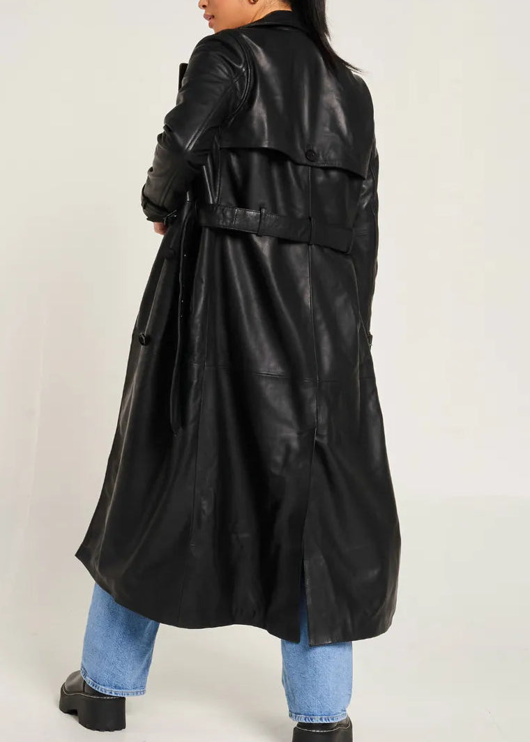 Black glossy leather trench coat