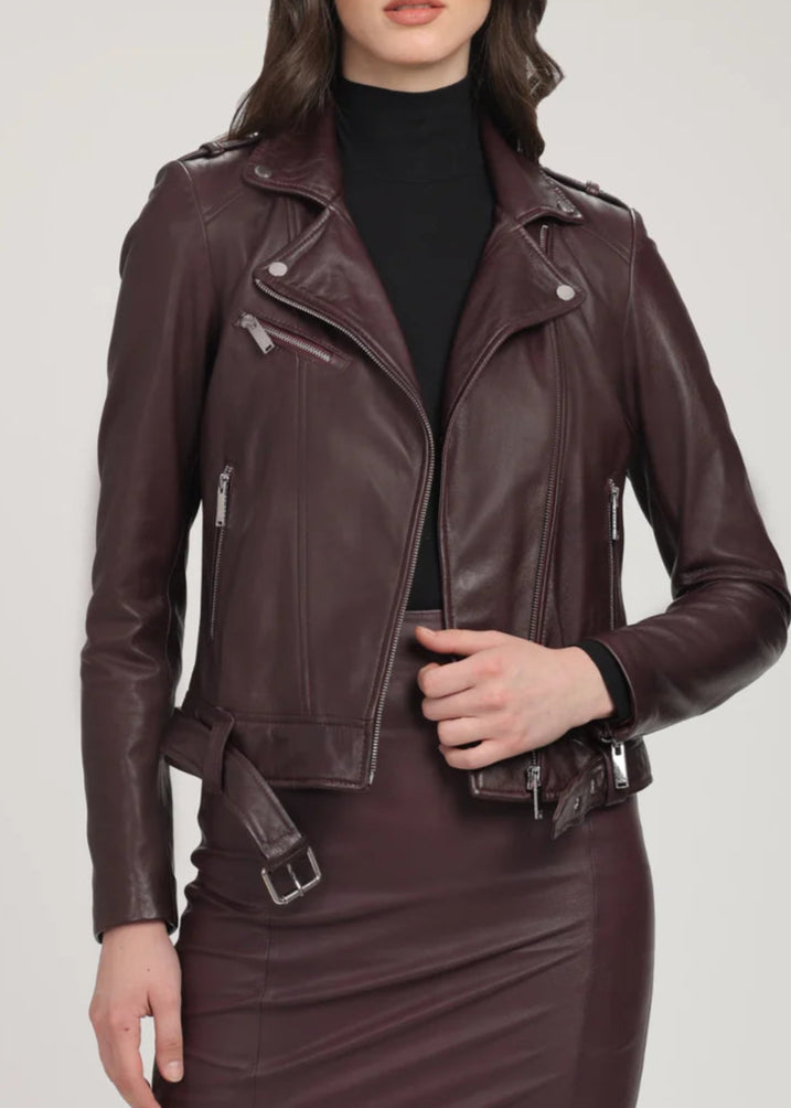 Maroon leather moto jacket