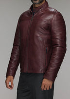 Maroon Stand Collar Leather Jacket