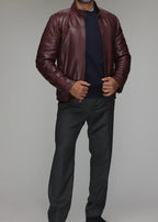 Maroon Stand Collar Leather Jacket