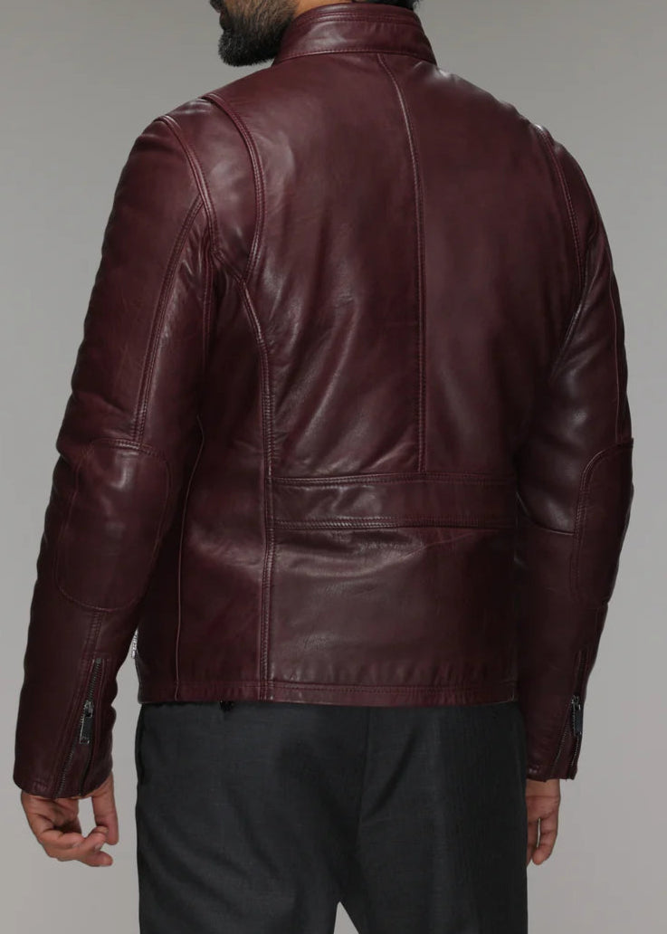 Maroon Stand Collar Leather Jacket