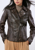 Distressed leather biker jacket