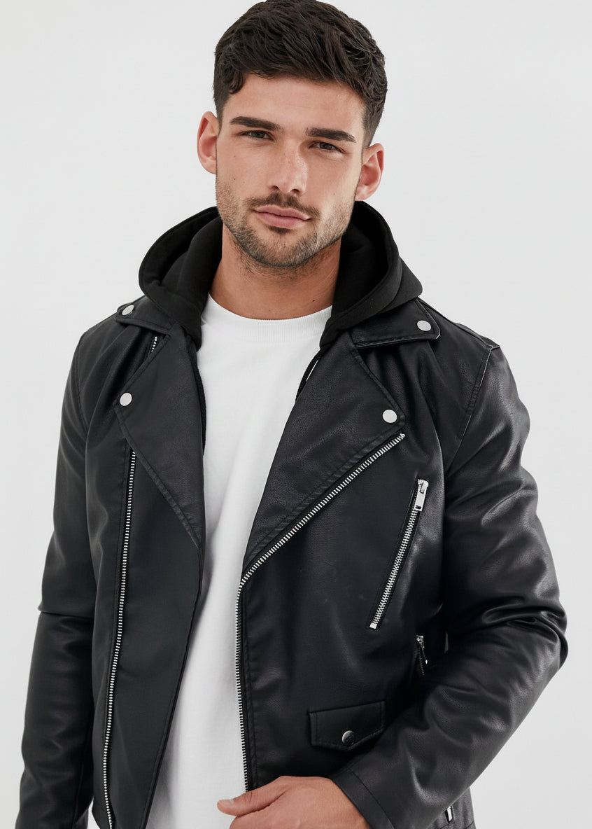 Black Leather Biker Jacket with Hoodie