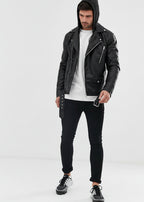 Black Leather Biker Jacket with Hoodie