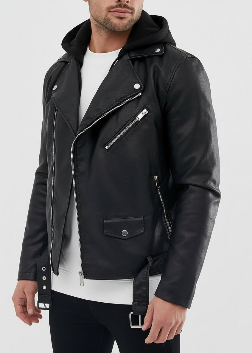 Black Leather Biker Jacket with Hoodie