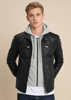 Cafe Racer Leather Jacket with Removable Hood