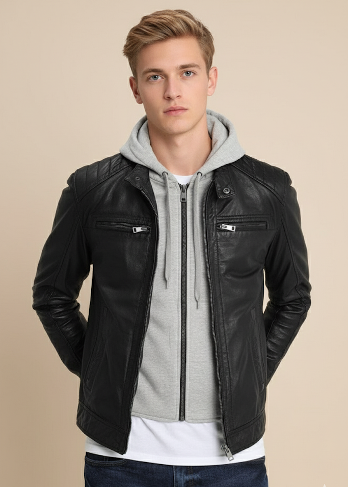 Cafe Racer Leather Jacket with Removable Hood